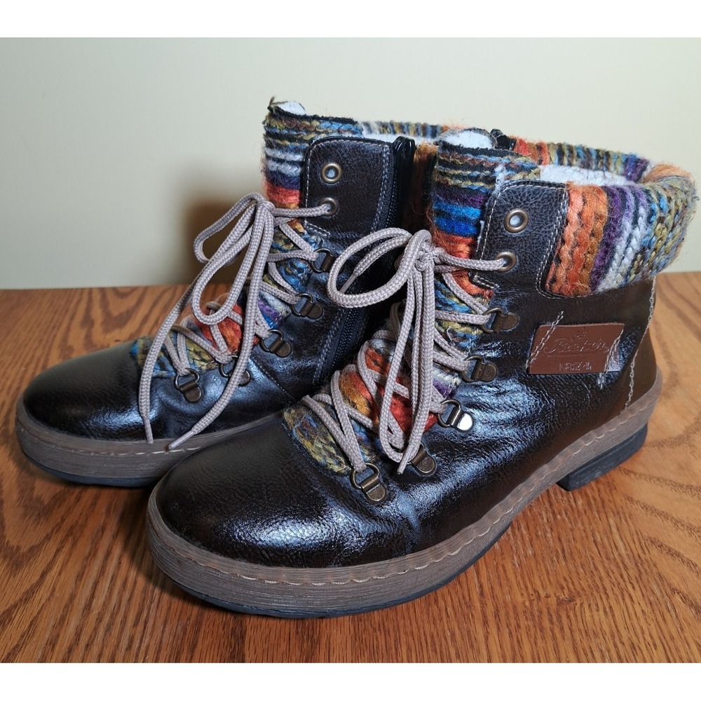 Rieker Women's Felicitas Leather Woven Knit Cuff Lace-up Zipper Ankle Boots 9.0